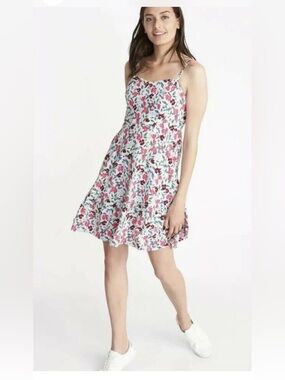 Old Navy White Floral A-Line Midi Dress with Pink & Red Blooms. Size - M Tall